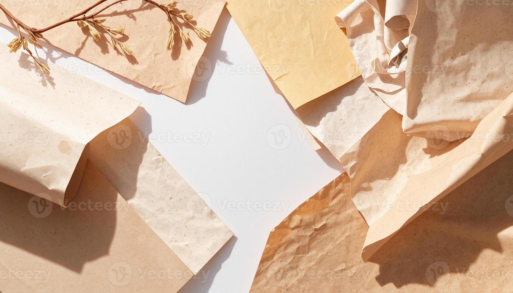Paper background with brown crumpled paper and twigs photo