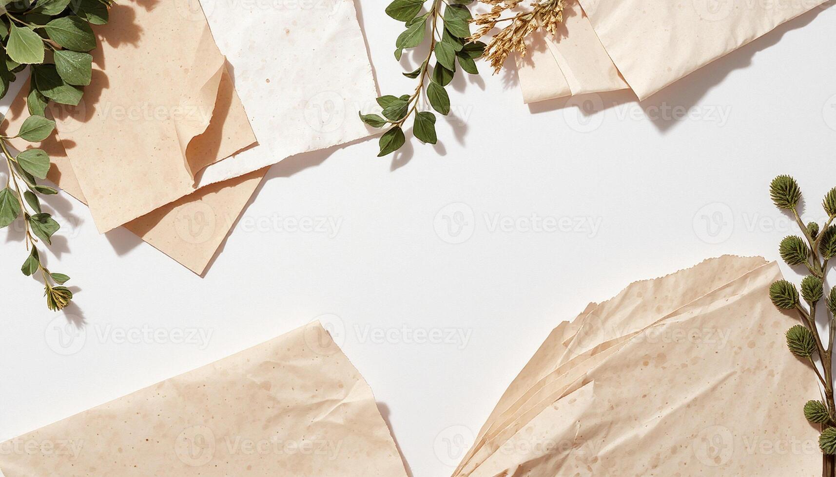 Flatlay of Kraft Sheets with Herbs photo