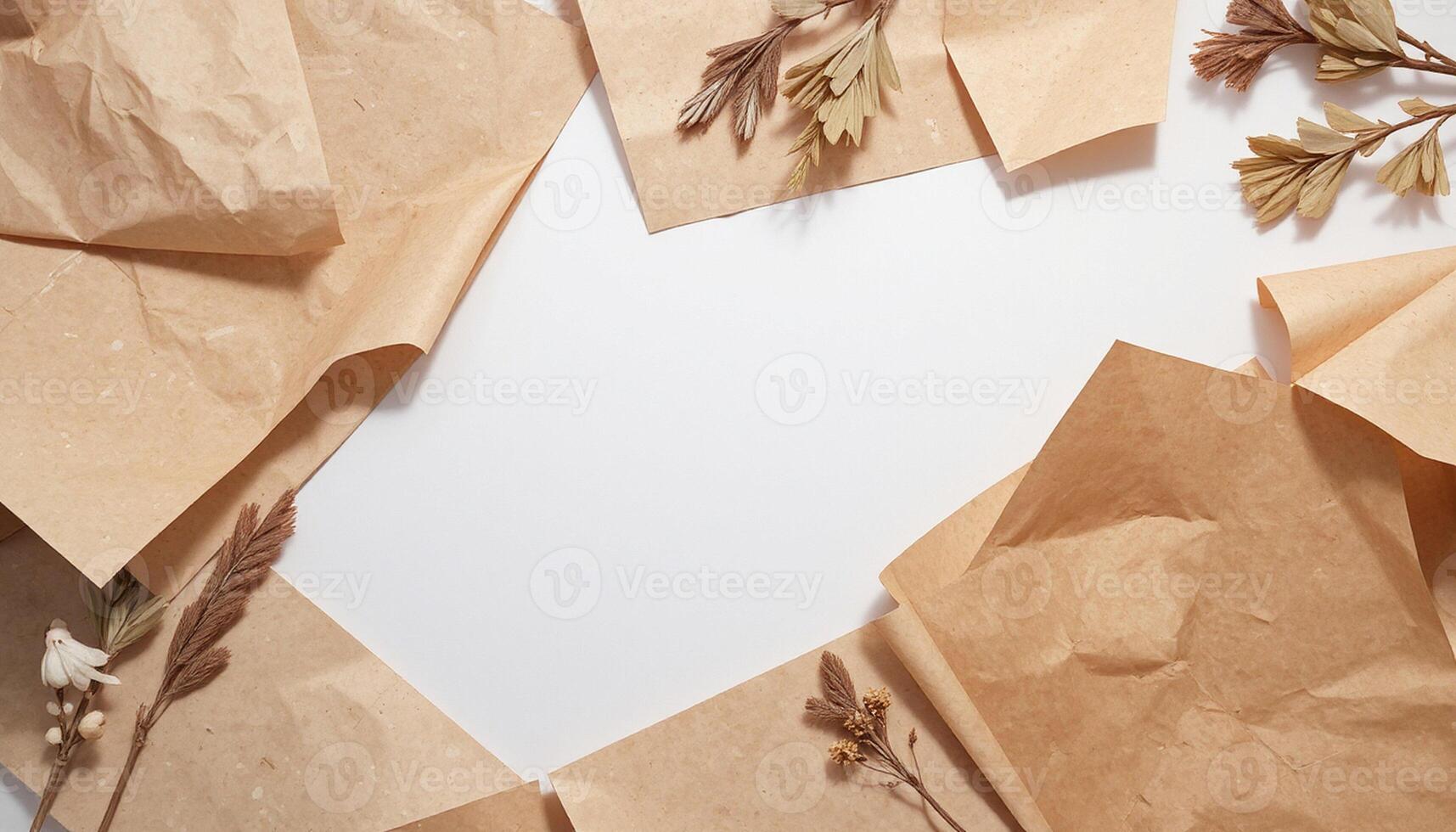Brown paper with dried flowers and leaves on top photo