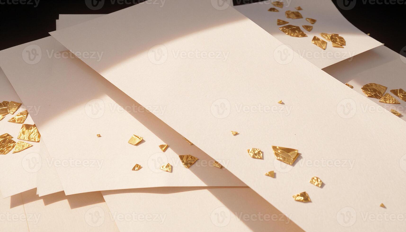 A pile of white paper with gold foil on it photo