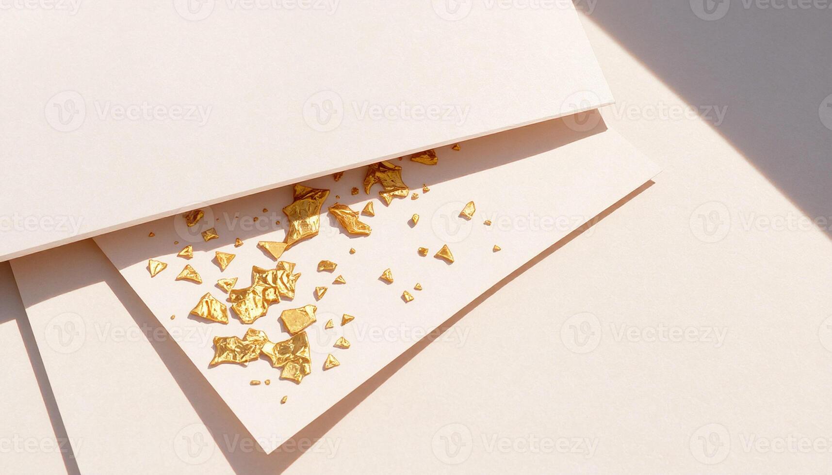Golden foil on white paper with a piece of paper on top photo