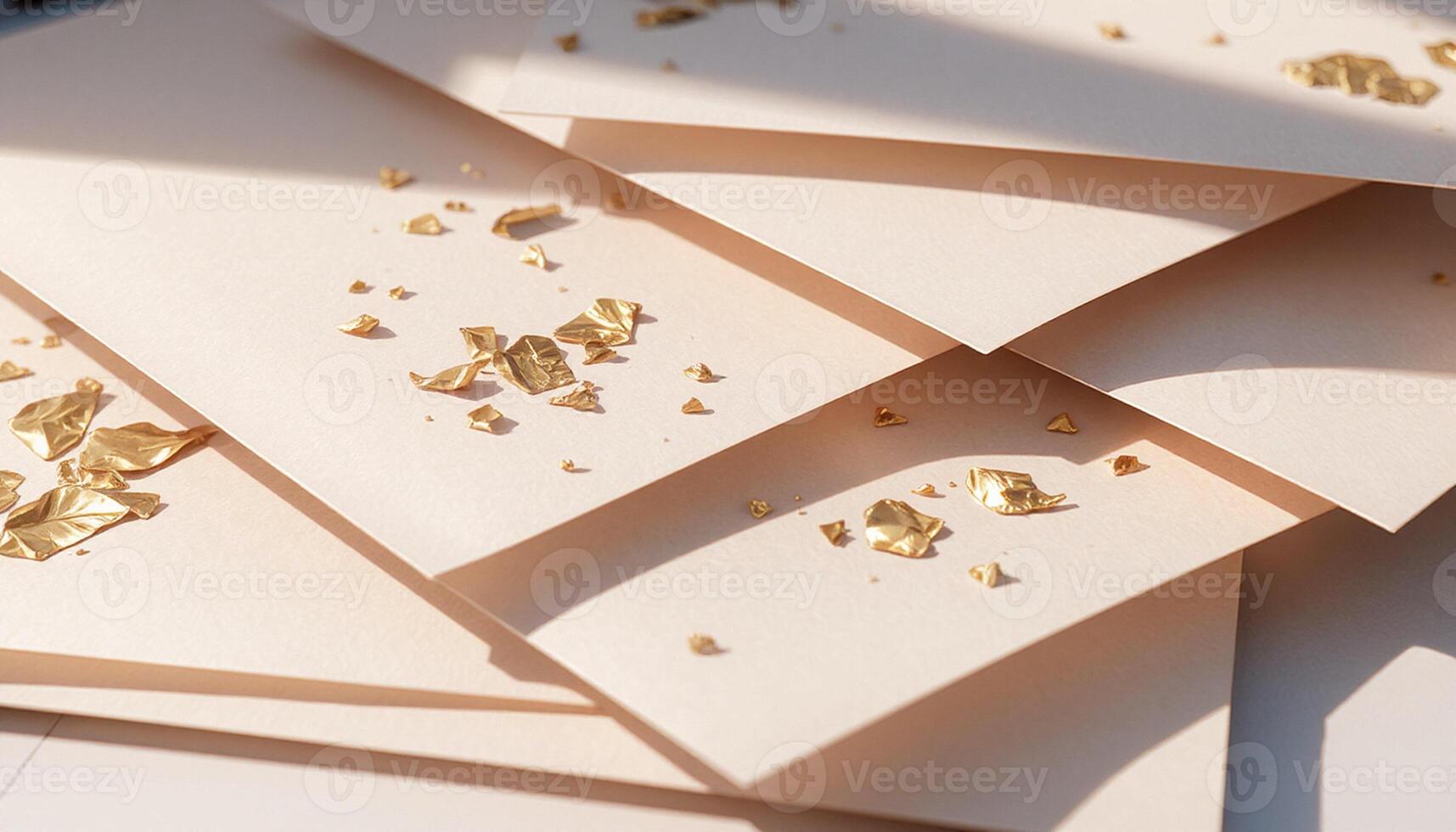 A pile of gold confetti on top of some white paper photo