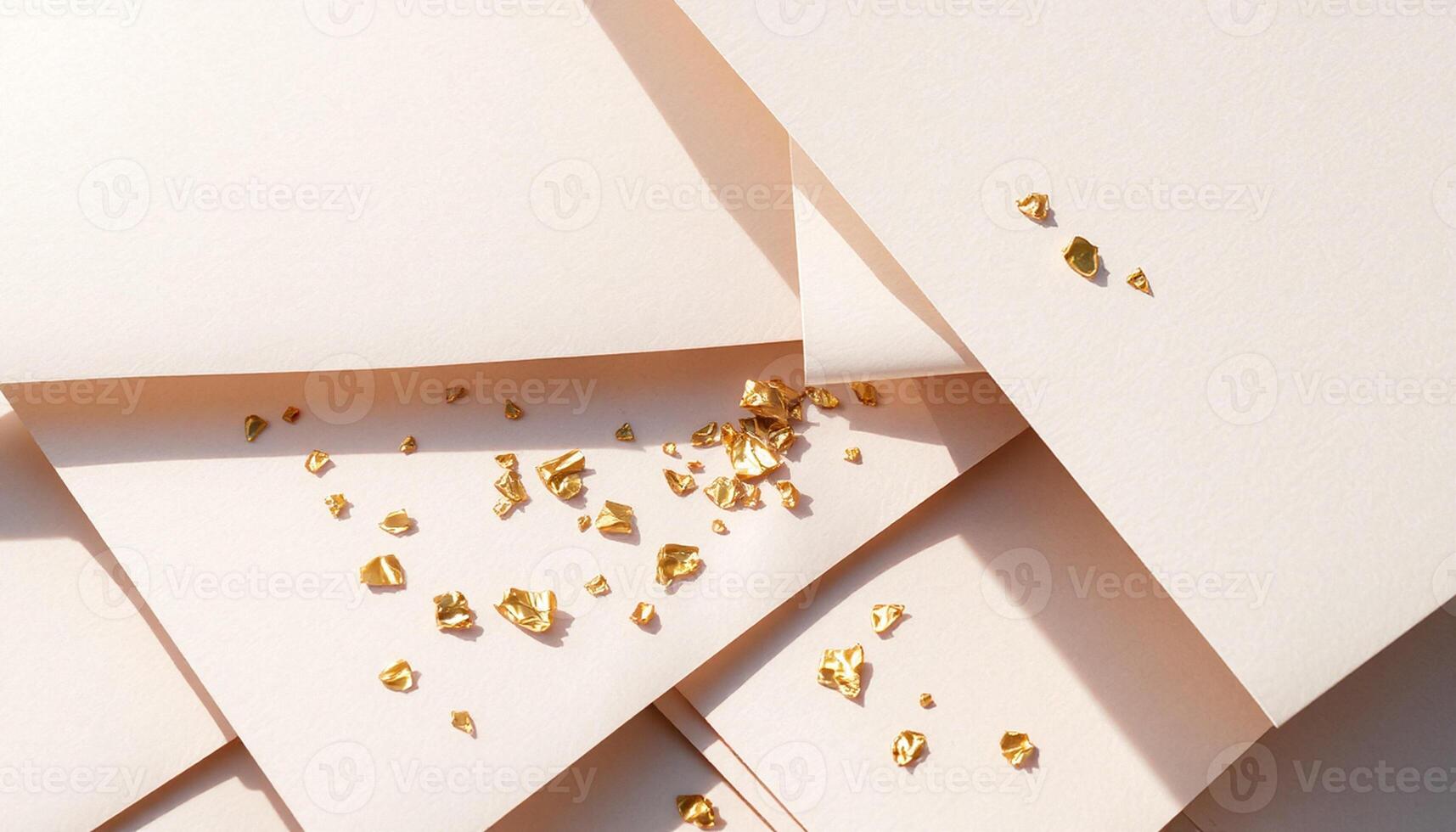 Golden confetti scattered on white paper photo