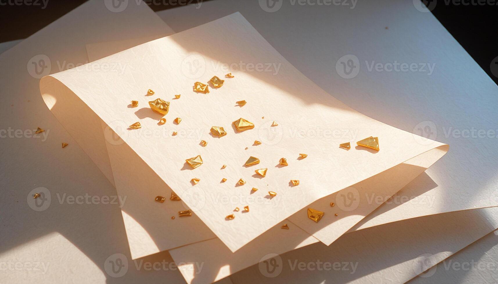 A pile of paper with gold foil on top photo