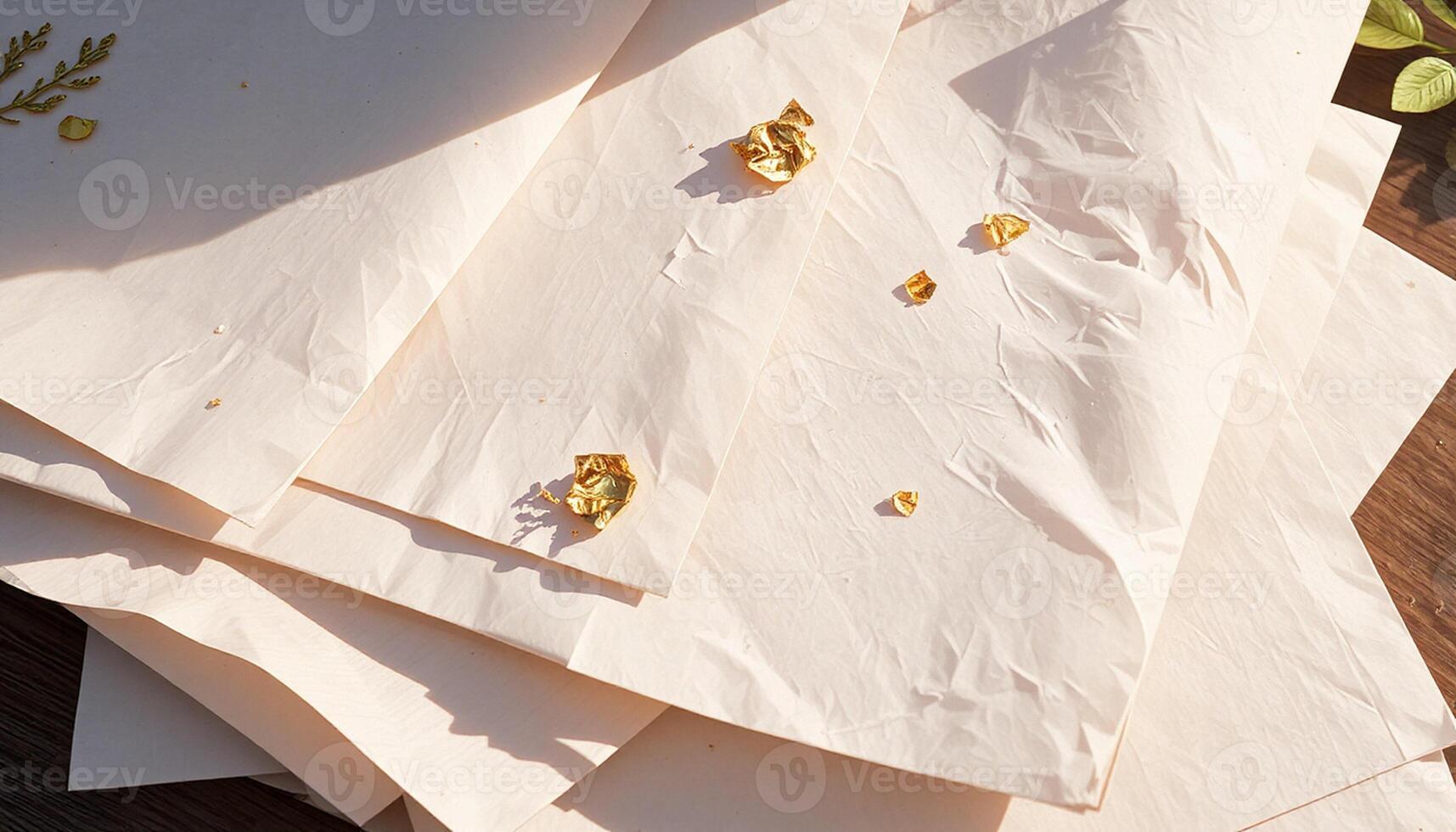 A pile of white paper with gold leaf on it photo
