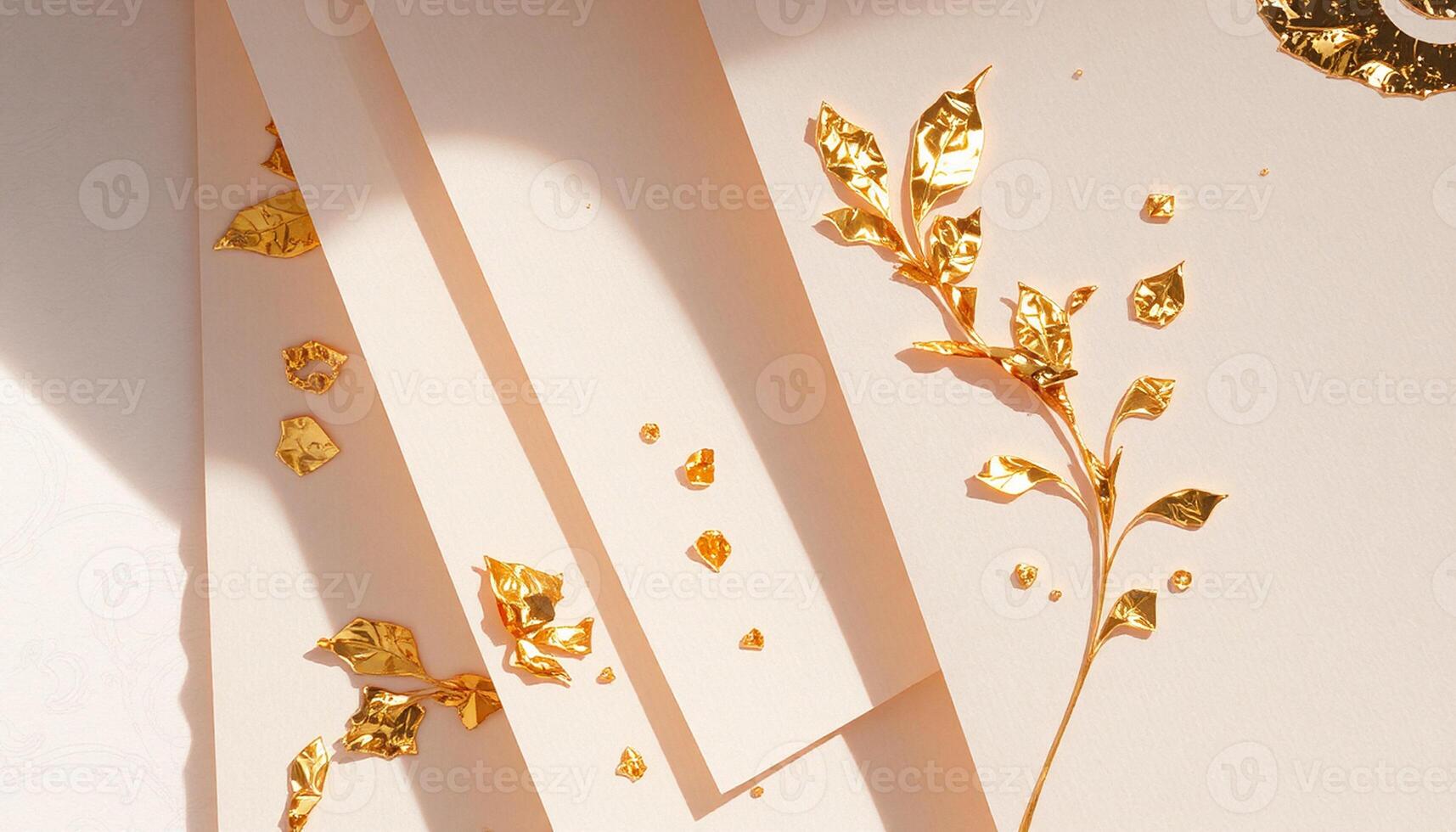 Gold foil leaves on a white background photo
