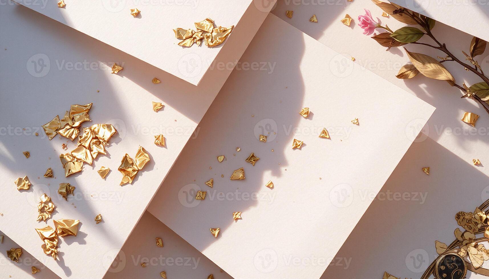 Golden confetti and flowers on white paper photo