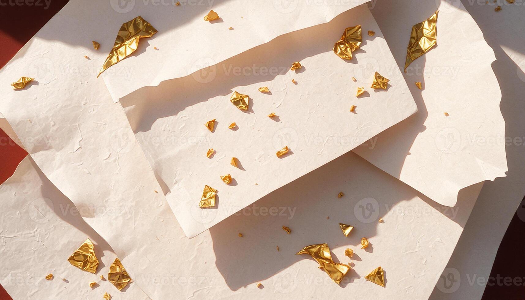 A pile of paper with gold foil on it photo