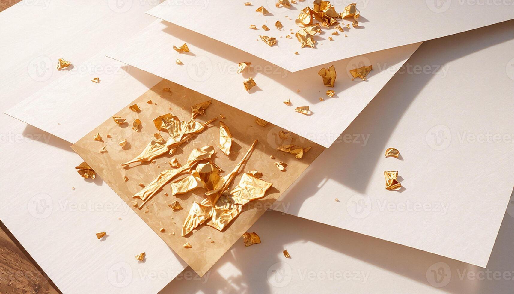 A pile of gold foil on top of a white envelope photo