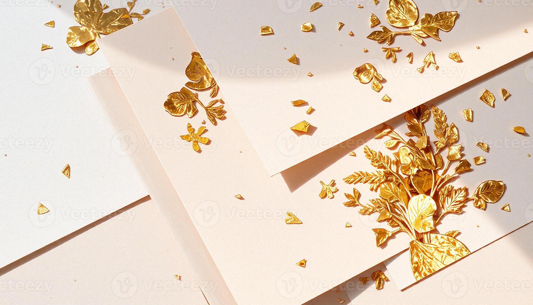 A bunch of gold foil flowers on a white card photo