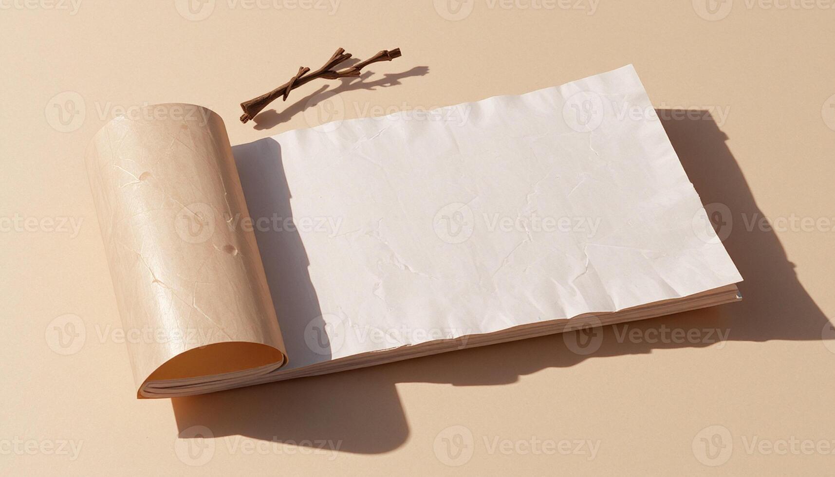 Blank paper and a twig on a beige background photo