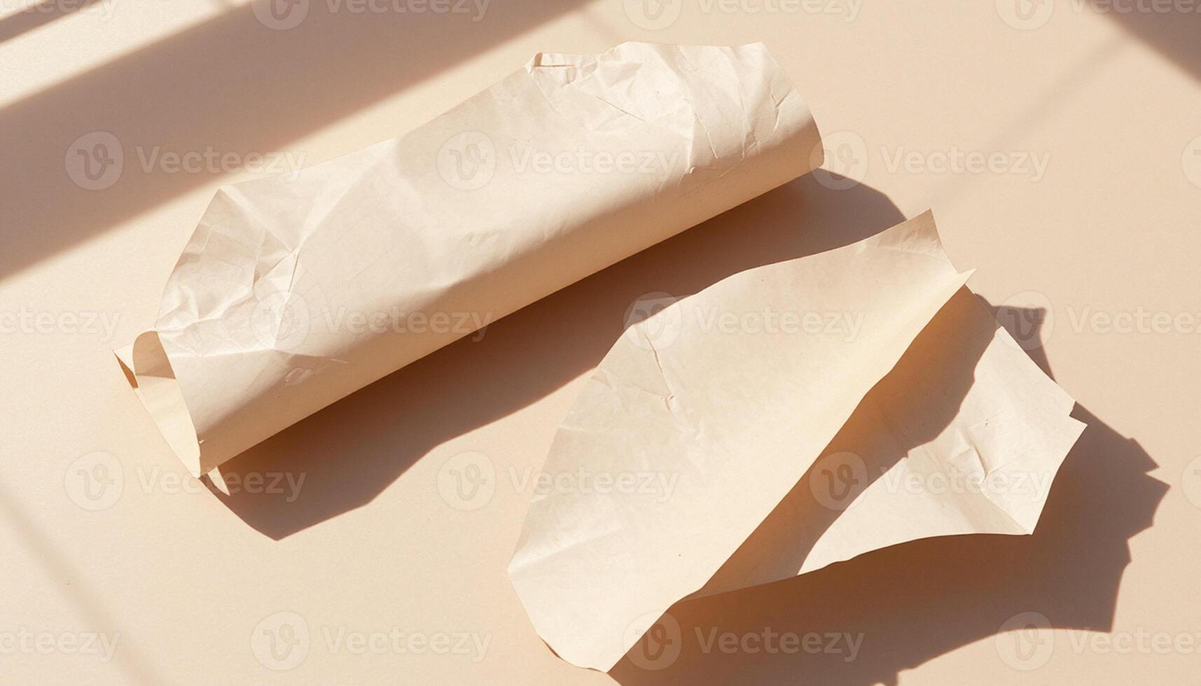Two pieces of paper on a table with sunlight photo
