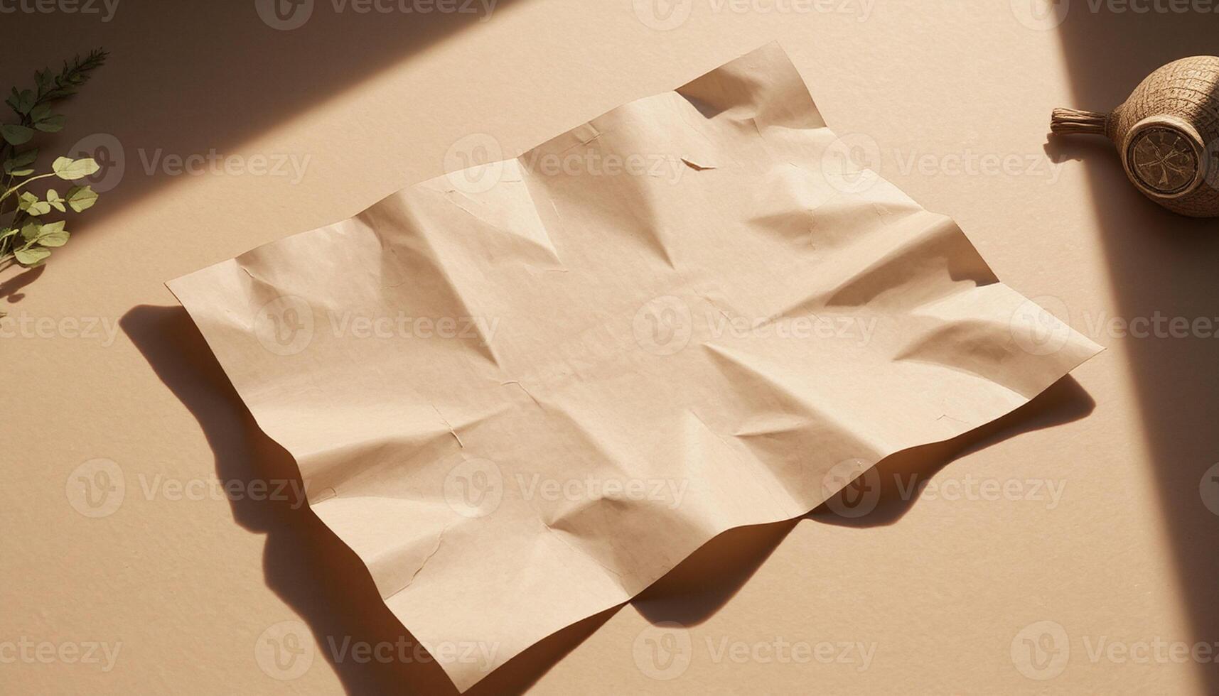 Paper crumpled on a table with a plant photo