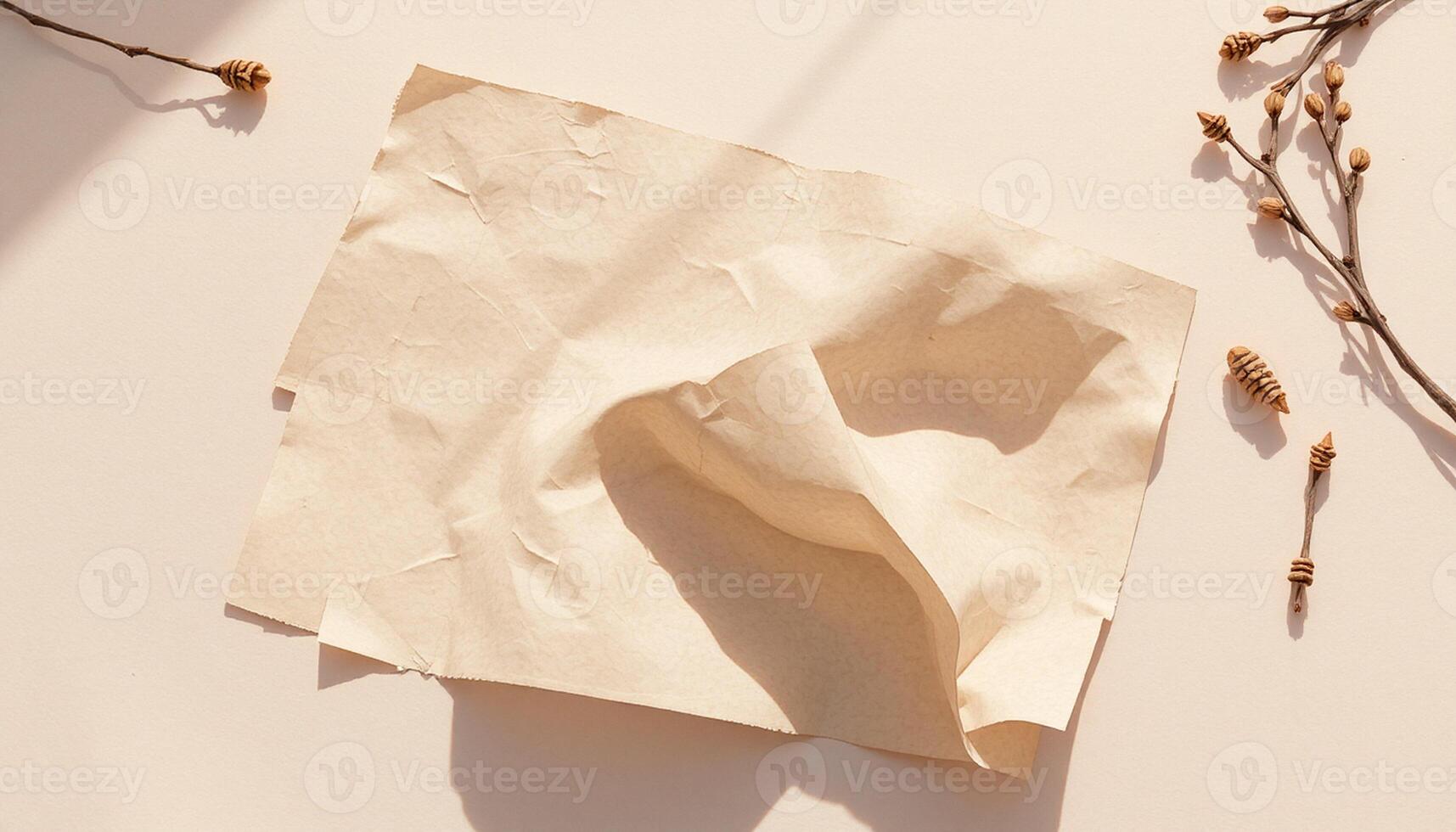 A piece of paper with dried leaves and twigs photo