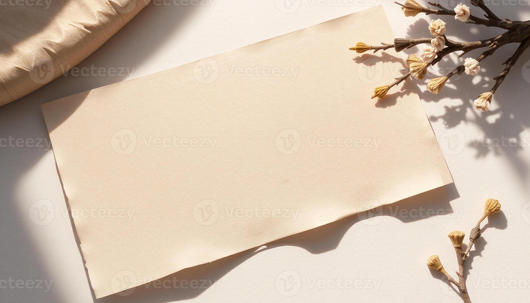 Blank paper and a branch on a white surface photo