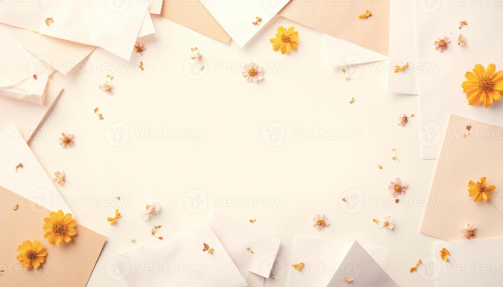 A white background with many pieces of paper and flowers photo