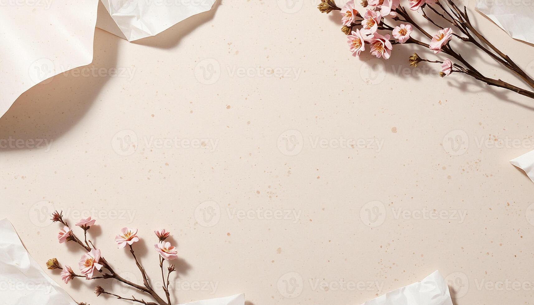 A white background with flowers and paper photo
