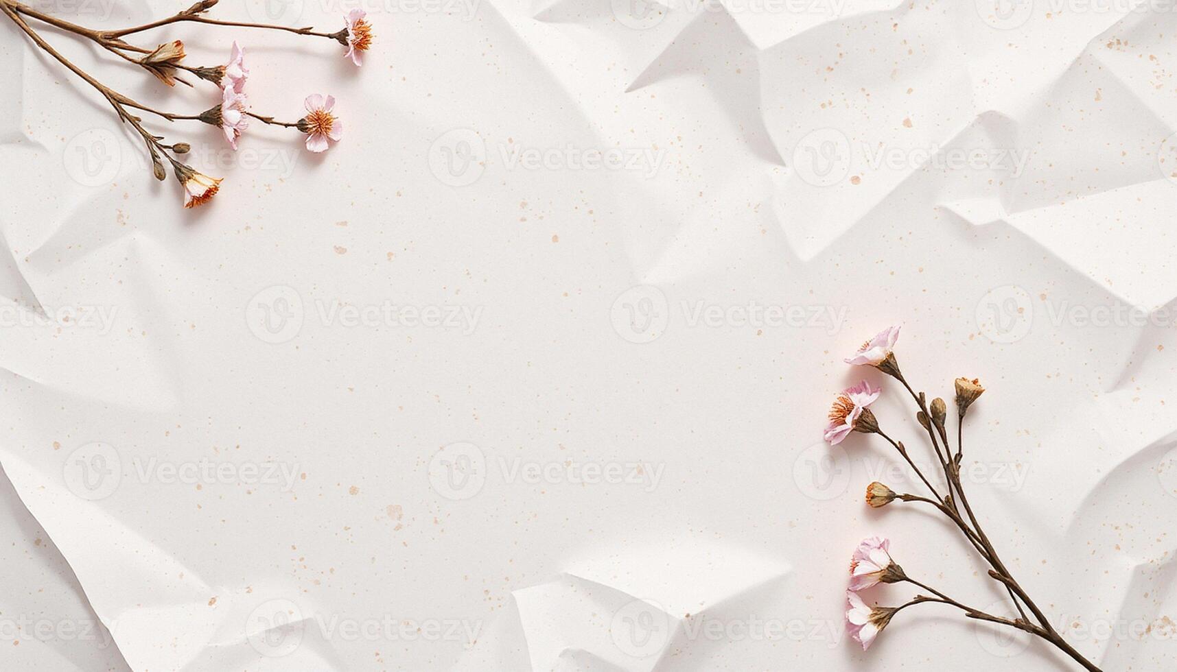 A white paper background with flowers and crumpled paper photo