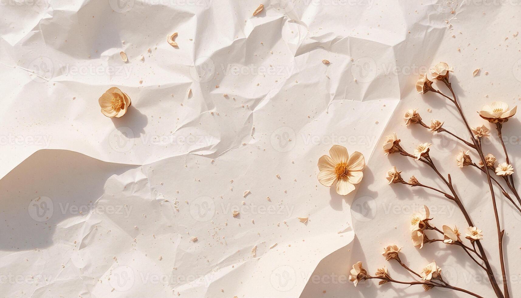 A flower is placed on top of a crumpled paper photo