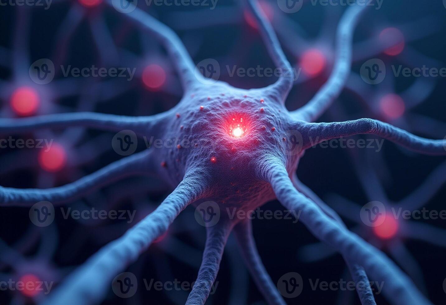 A close up of a neuron with glowing red light photo