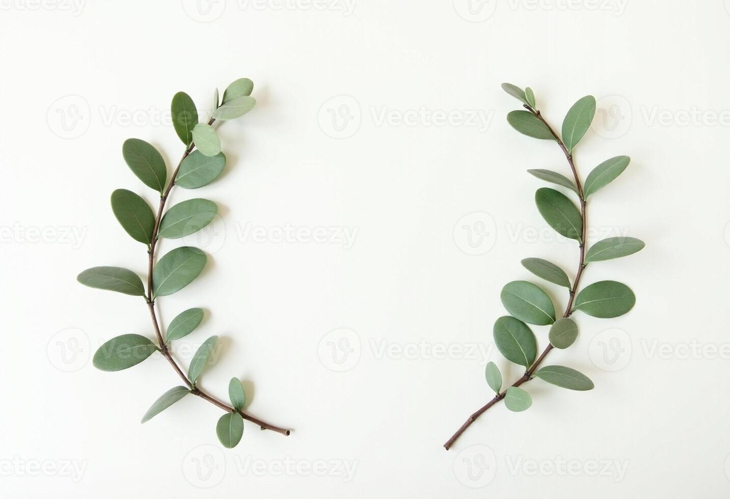 Two eucalyptus leaves are arranged on a white surface photo