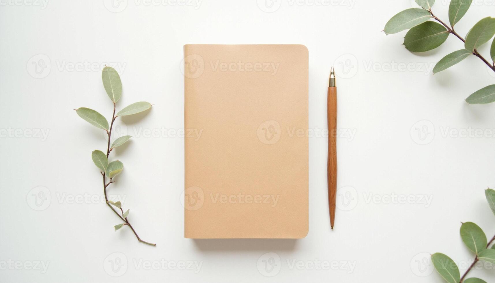 Blank notebook with pen and eucalyptus leaves on white background photo