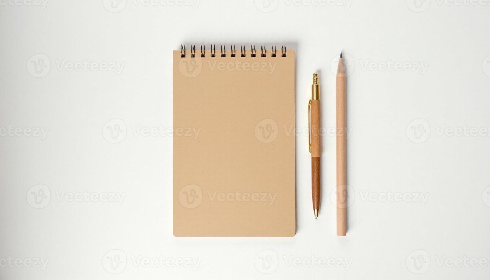 A notepad, pen and pencil on a white surface photo