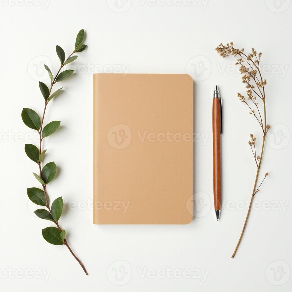 Blank notebook, pen and eucalyptus branch on white background photo
