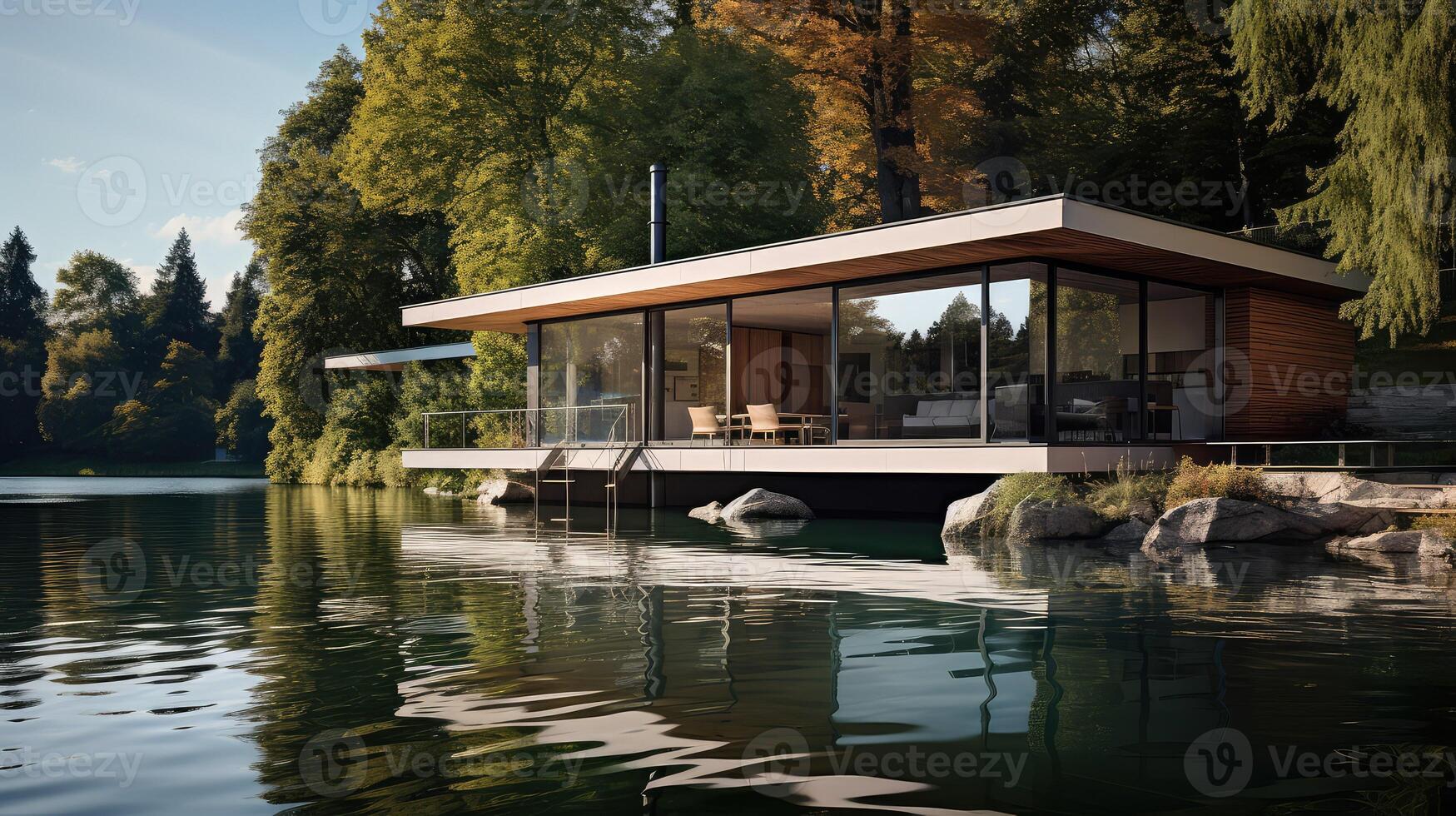 contemporary house by water photo