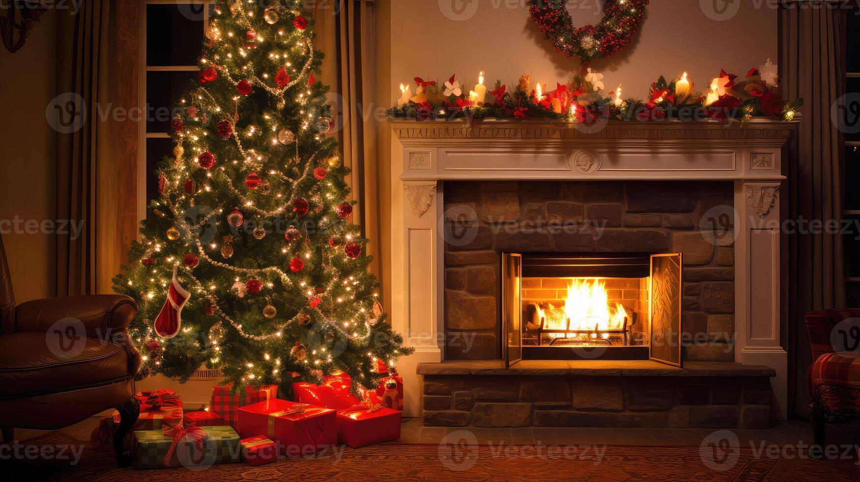 cozy christmas tree and fireplace photo
