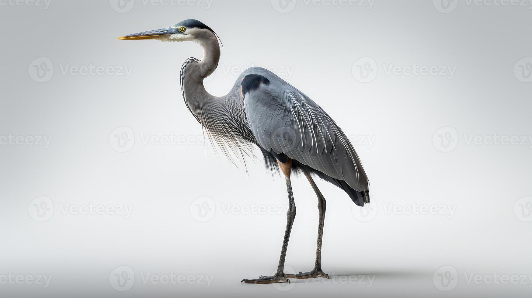 standing blue heron white background photo