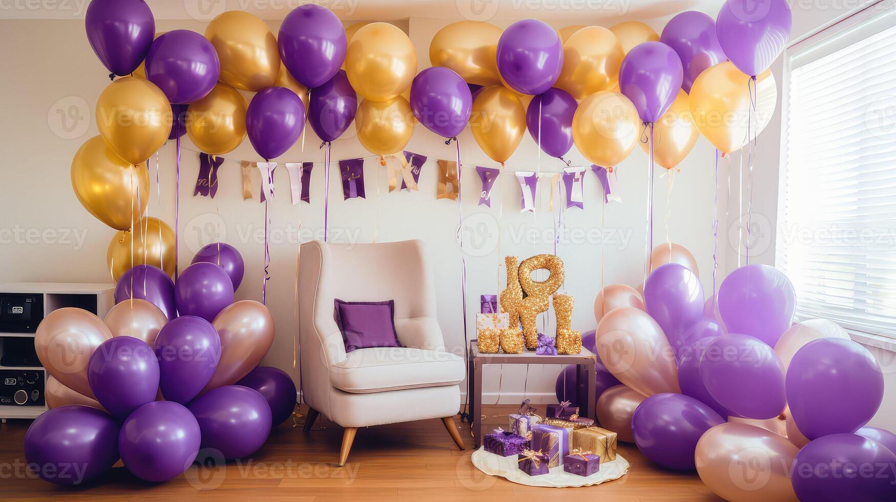 setup purple gold balloons photo