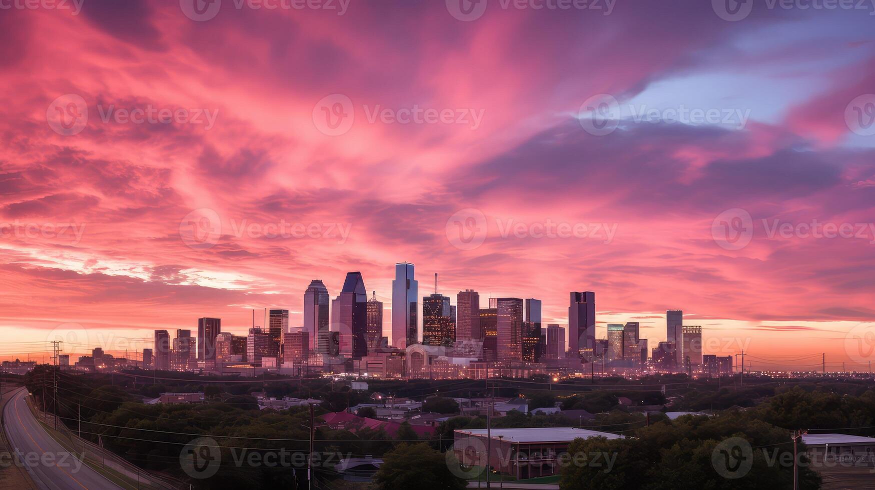 skyscrapers pink sunset clouds photo