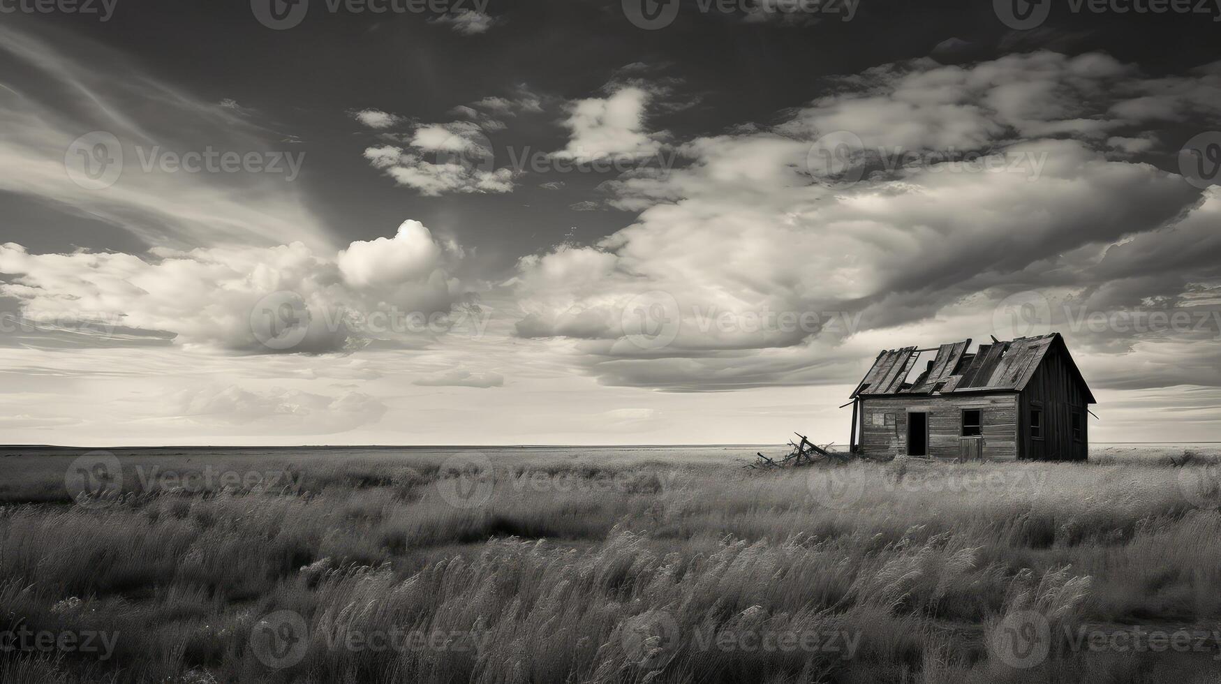 neglected cabin black and white photo