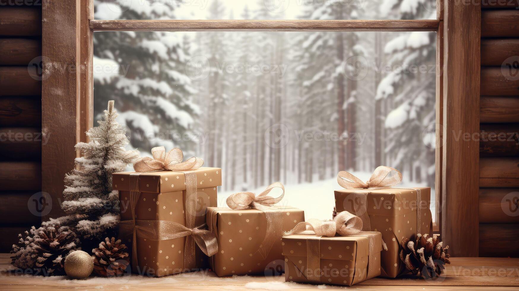 snowy stack of holiday gifts photo
