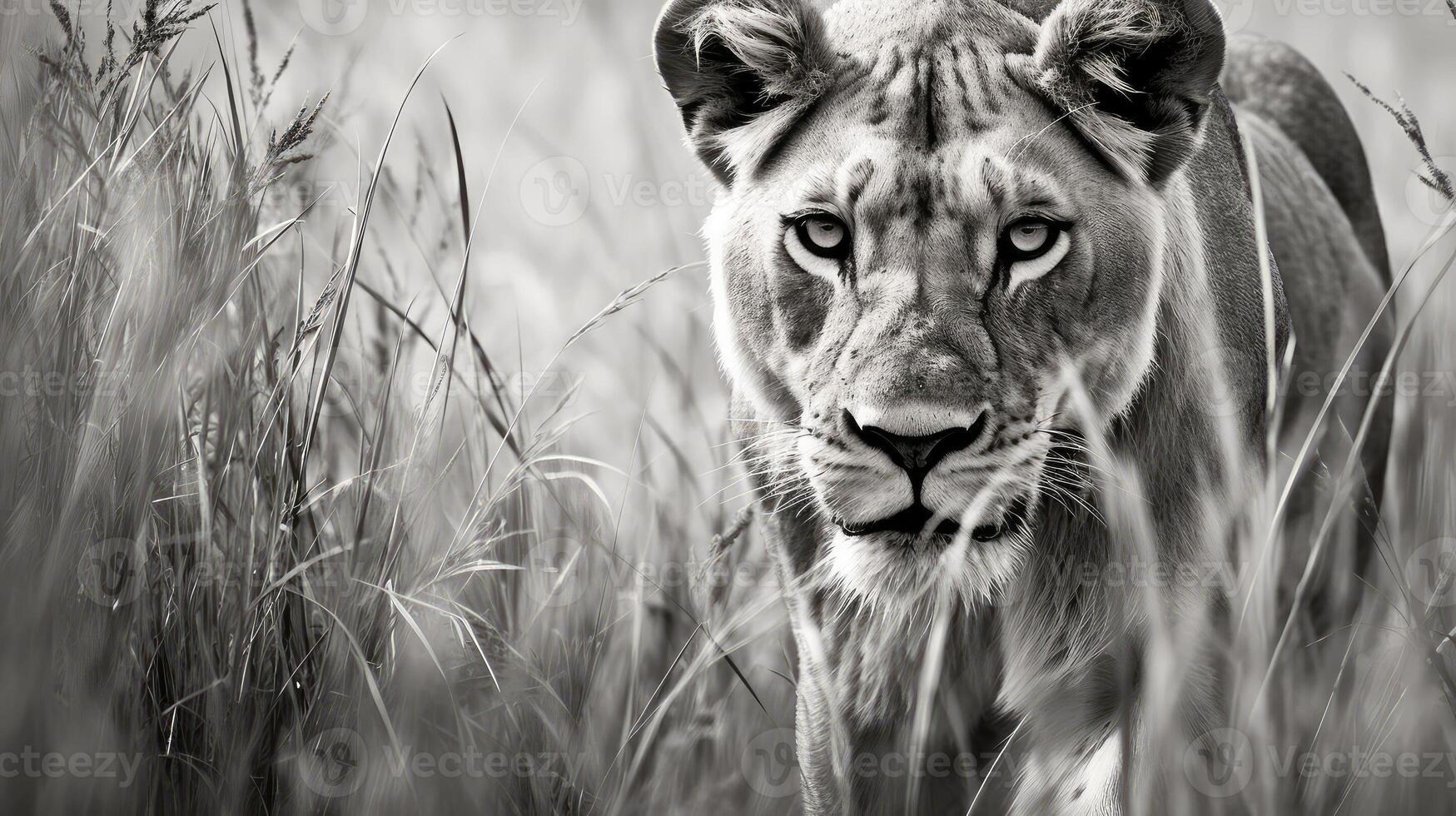 grassls lion black and white photo