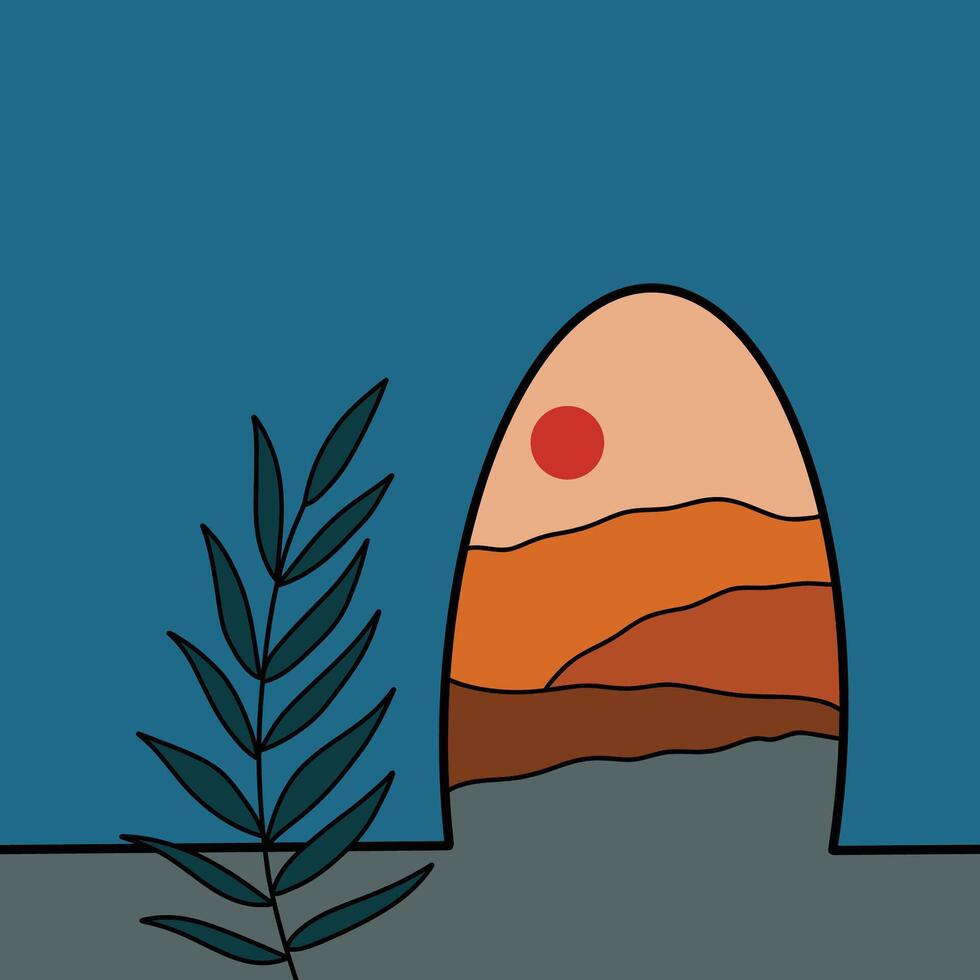 Sunset Landscape scenery from home cave with Mountain Hills and Arch Illustration vector
