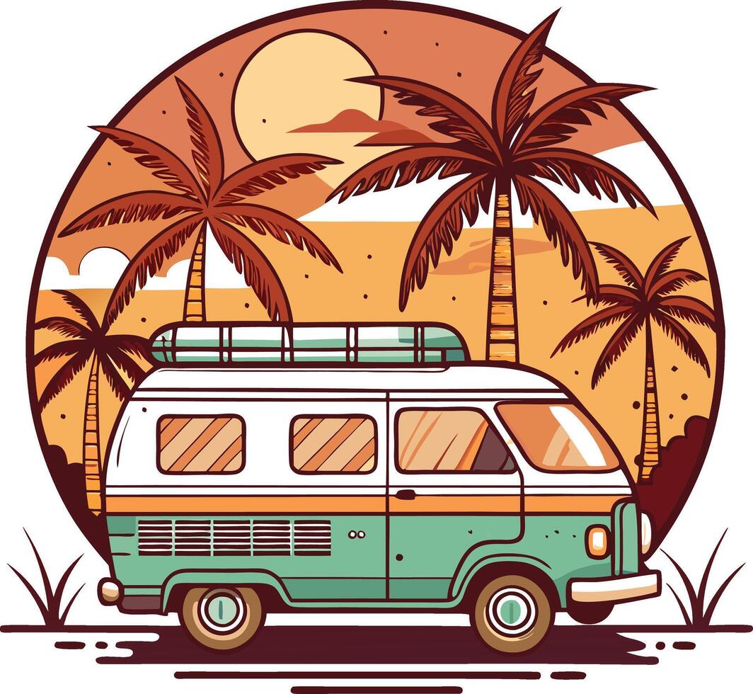 Retro Camper Van Tropical Sunset Travel vector