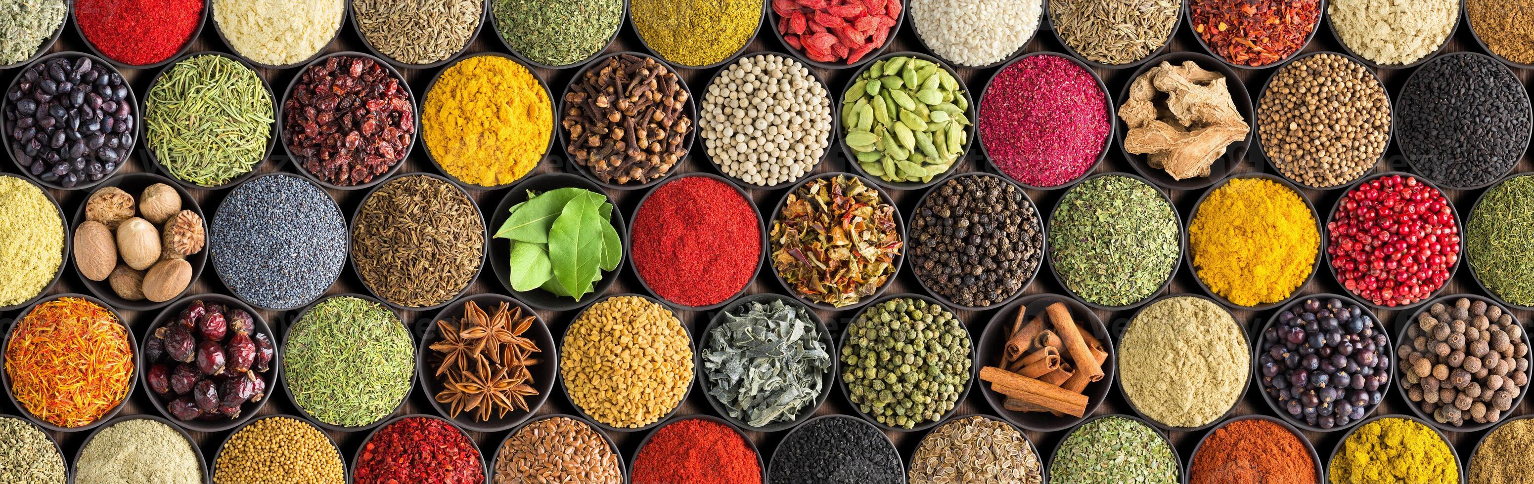 Spices and herbs background. Large set of seasoning top view. Colorful condiments for label prints or site caps photo