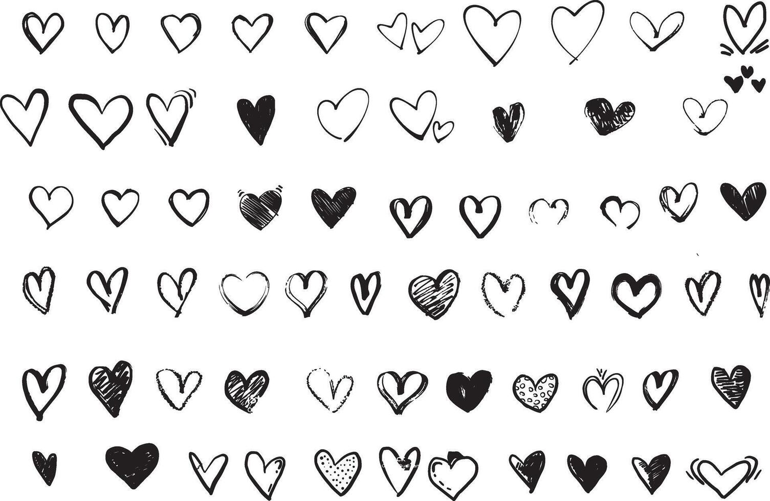 a set of black and white hearts drawn by hand vector