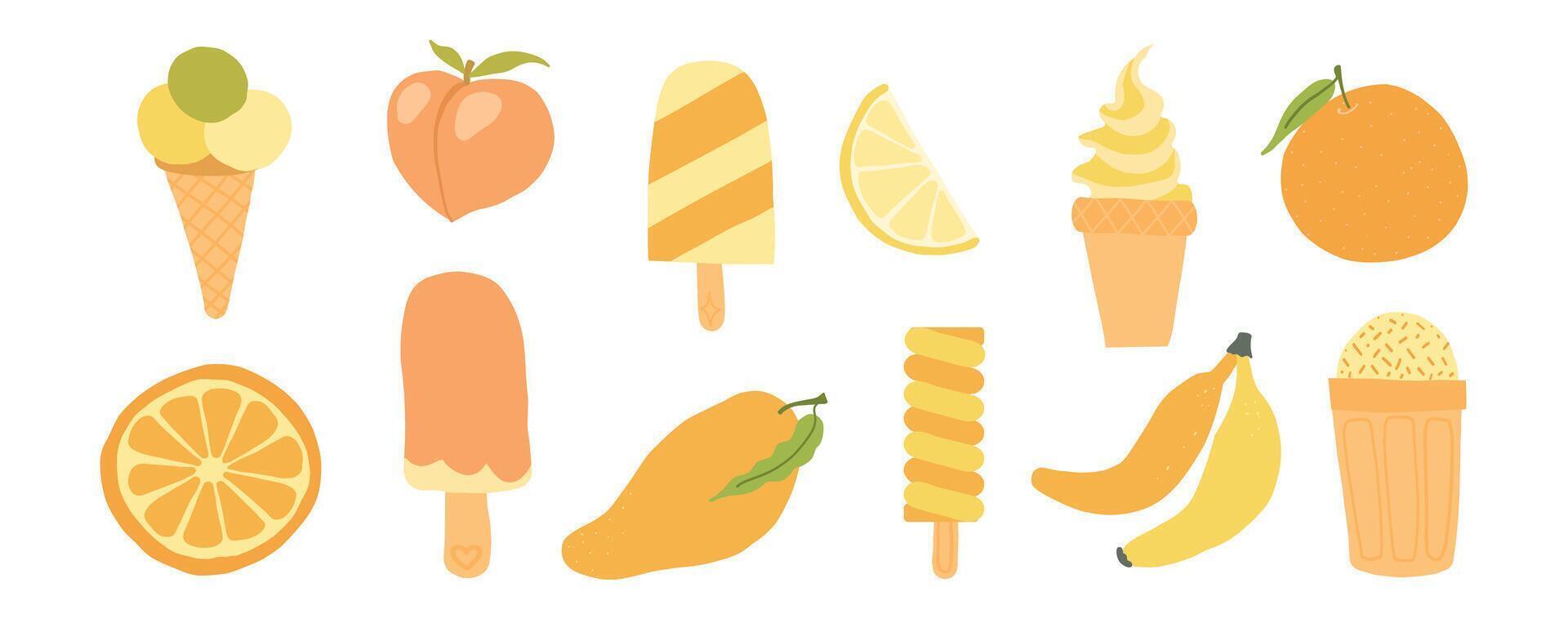 Yellow-toned ice cream, cones, and tropical fruits like mango, lemon, and banana form a fresh summer dessert set with bright, juicy flavors vector