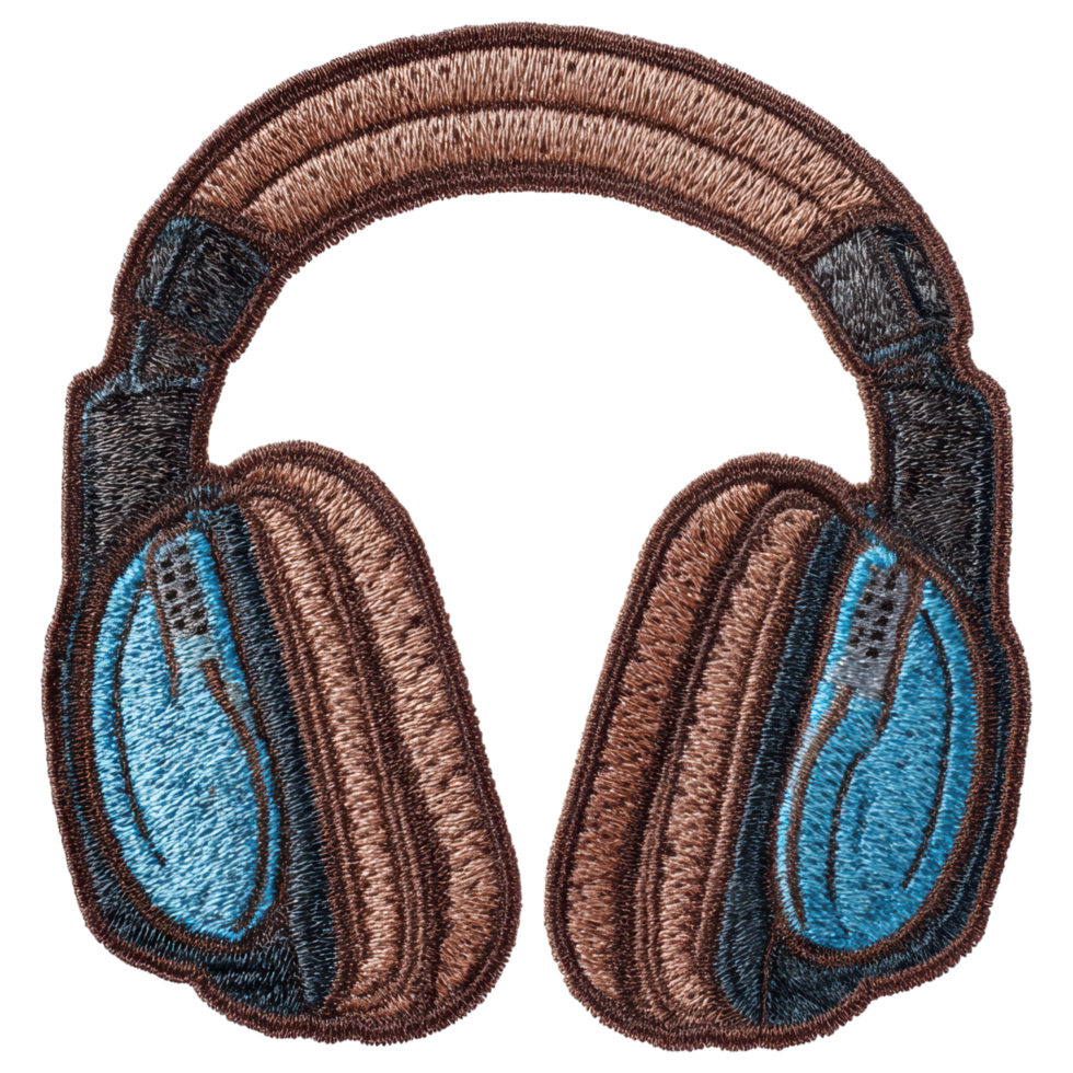 Embroidery patch of brown and blue headphones with detailed stitching creating textured and vibrant design perfect for fabric decoration and style png