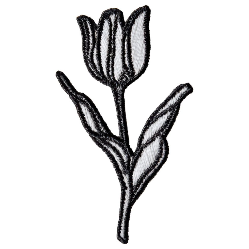 Black and white embroidery patch of flower with leaves showing detailed stitching and texture in simple elegant design png