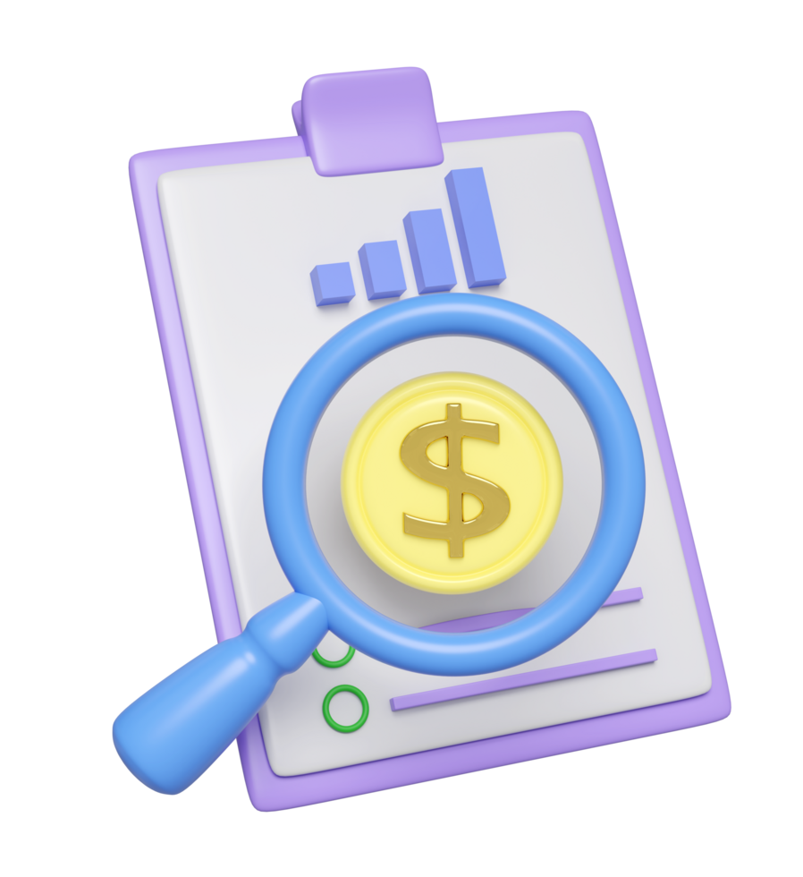 3d magnifying glass with clipboard, checklist paper, dollar coin, bar graph isolated. analysis business financial data, business strategy concept, 3d render illustration png