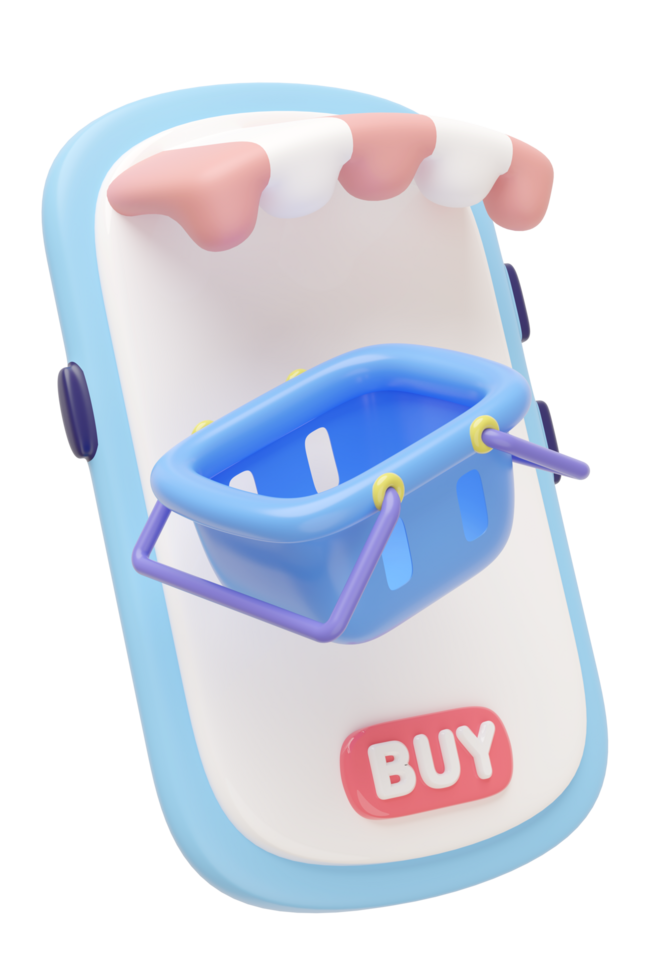 3D mobile phone with store, cart, basket, Ideal for online shopping , represents e-commerce and online retail. cartoon minimal and modern design. png