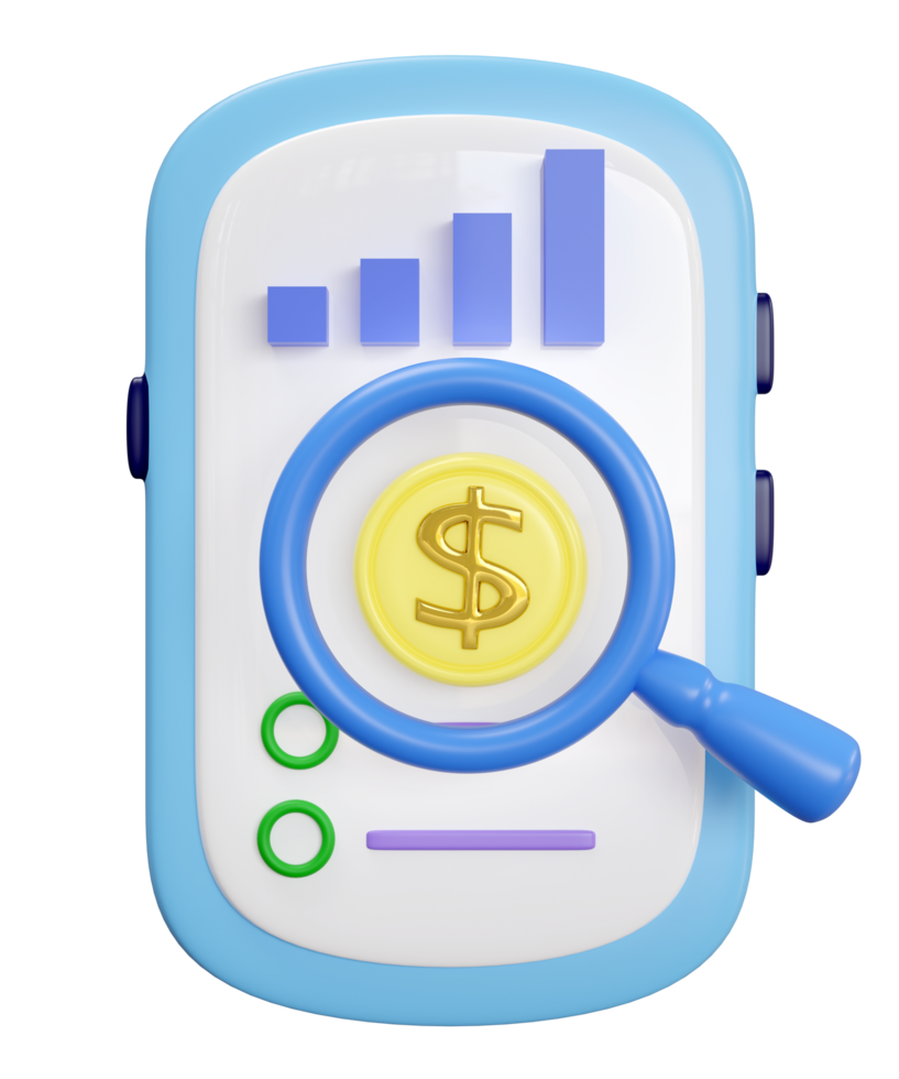 3d cartoon smartphone with magnifying glass, dollar coin, bar graph isolated. analysis business financial data, business strategy concept, 3d render illustration png