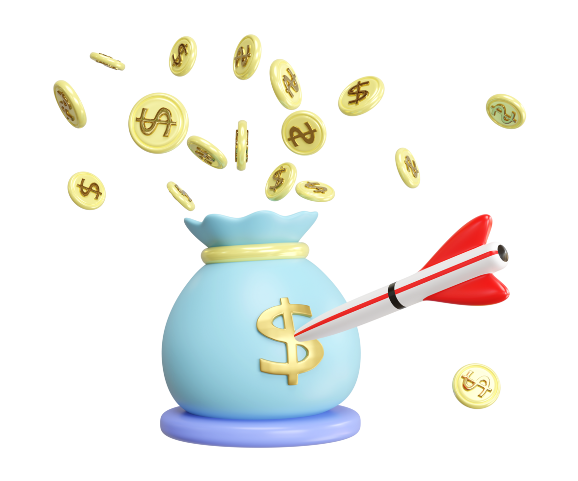 3d money bags with darts or arrow, exploding dollar coins isolated. Business finance goals and achievements concept, 3d render illustration png
