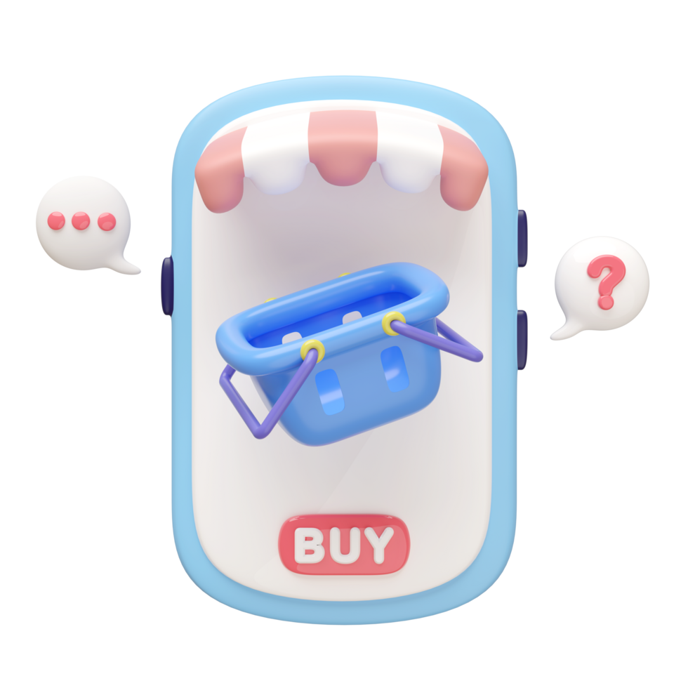 3D mobile phones with store fronts, chat bubbles. Ideal for online shopping, messaging app concepts. Represents e-commerce, online retail, social media. Cartoon minimal and modern design. png
