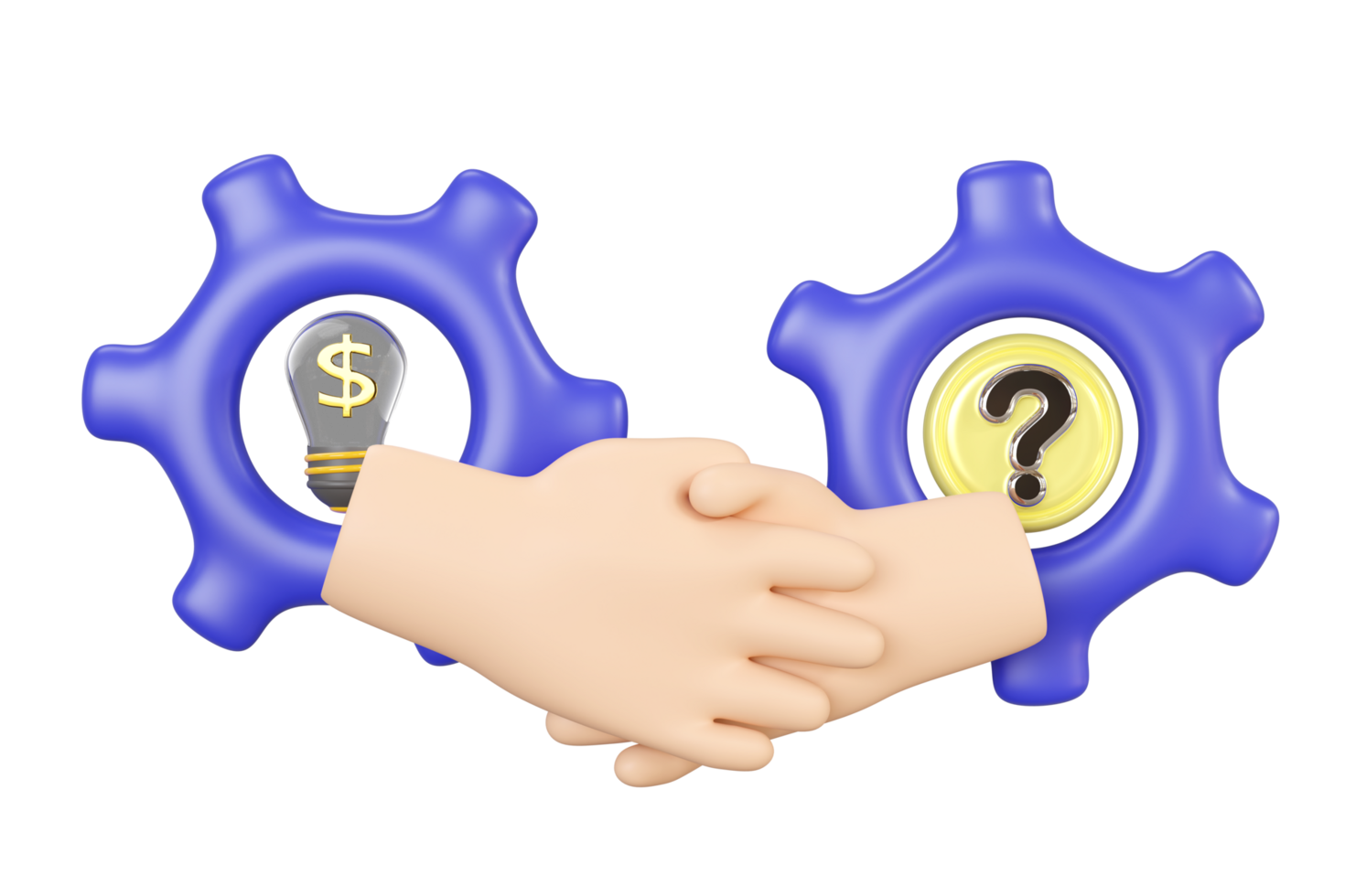 3d business problem solving handshake concept with cartoon hand, question mark in gear, light bulb, coins isolated. 3d illustration render png