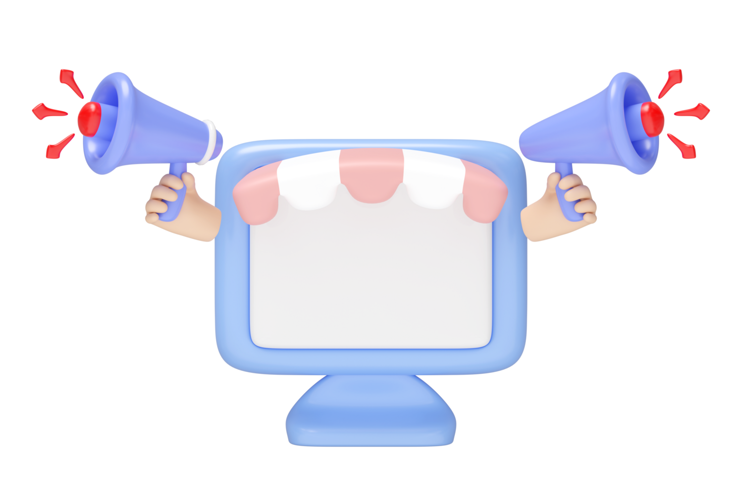 3D Computer monitor store front with hand holding megaphone isolated. announce promotion news for social media networks, online marketing shopping concept, cartoon style.3d render illustration png